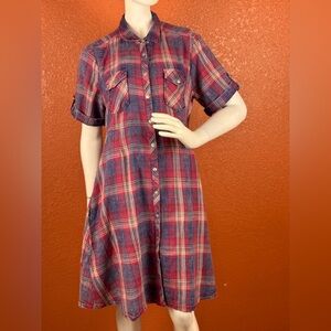 Reba Red and Blue Buttoned Midi Dress Size Large 100% Cotton Side Pockets A1